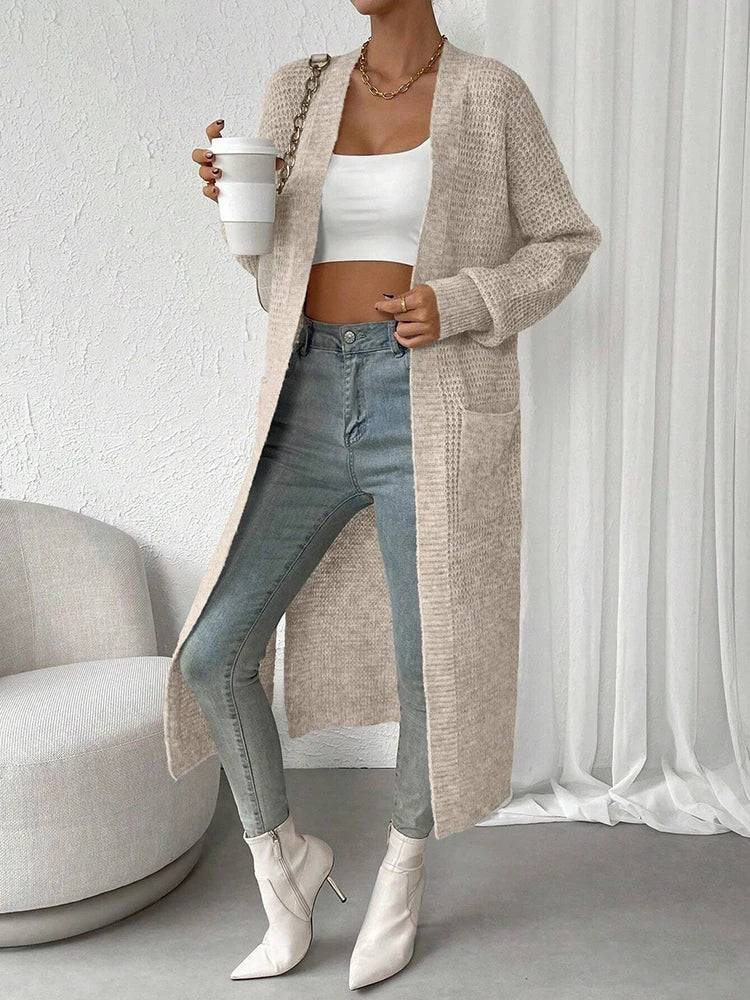 Fashionable and Elegant Solid Color Knitted Sweater V-Neck Mid Length Hollowed Out Cardigan Sweater Women's Top
