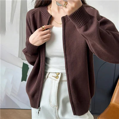 Autumn and Winter New 100 Pure Cotton Sweater Women's Casual O-Neck Cardigan Loose Knit Jacket Fashionable Solid Color Top