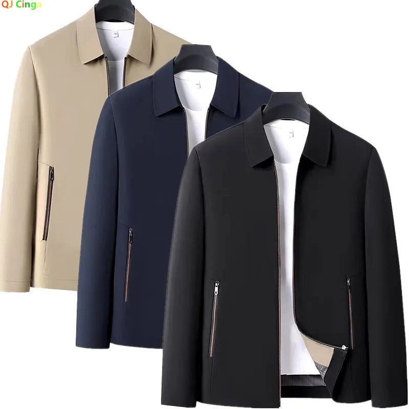 2026 Men's Black Long-sleeve Jacket with A Turn-down Collar, Suitable for Business/casual/executive Wear, Blue and Khaki Coat.