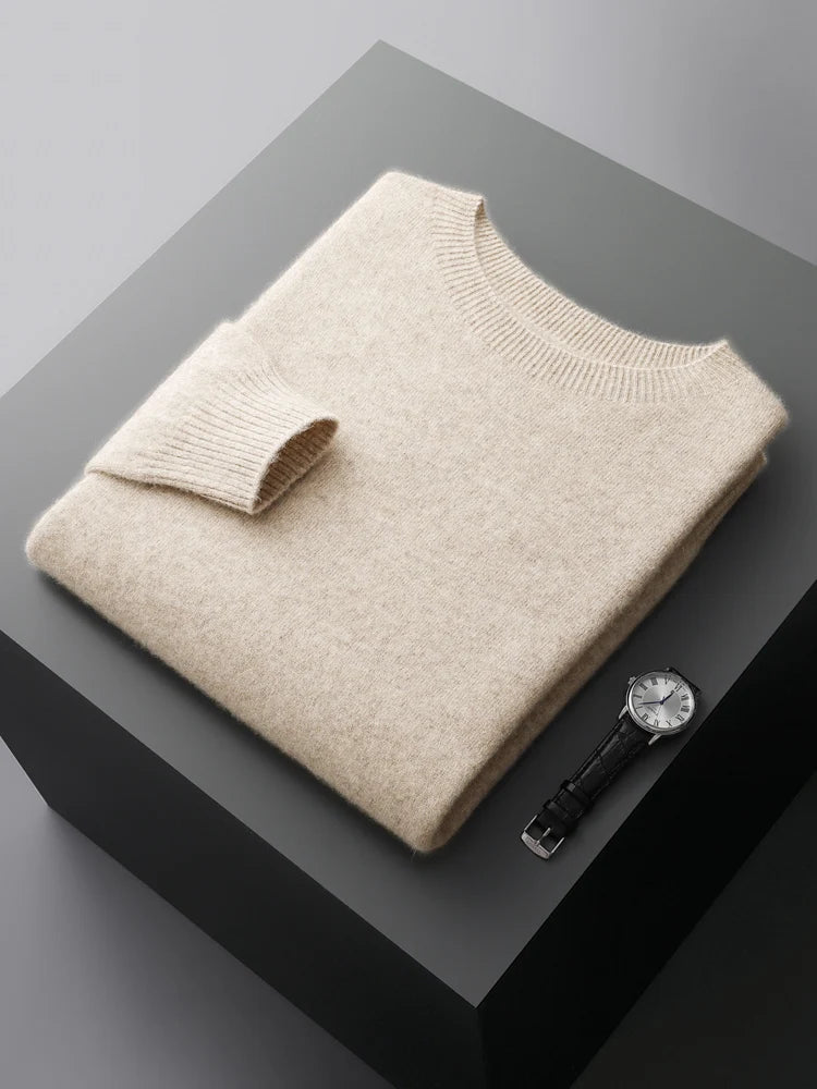Basic Men's Seamless Wool Pullover Sweater Autumn Winter O-neck Solid 100% Merino Wool Knitwear Casual Simple Man Clothes Tops