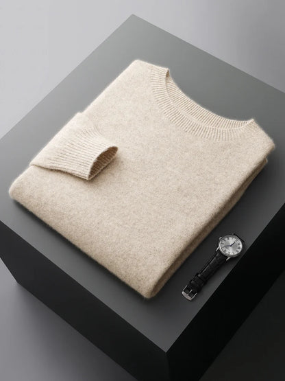 Basic Men's Seamless Wool Pullover Sweater Autumn Winter O-neck Solid 100% Merino Wool Knitwear Casual Simple Man Clothes Tops