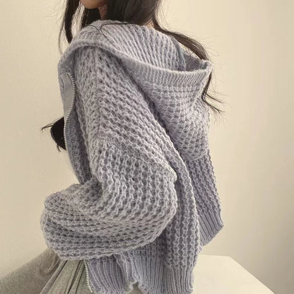 Hooded Cardigan Sweater for Women Long Sleeve Zip Up Knitted Crop Sweater Autumn Winter