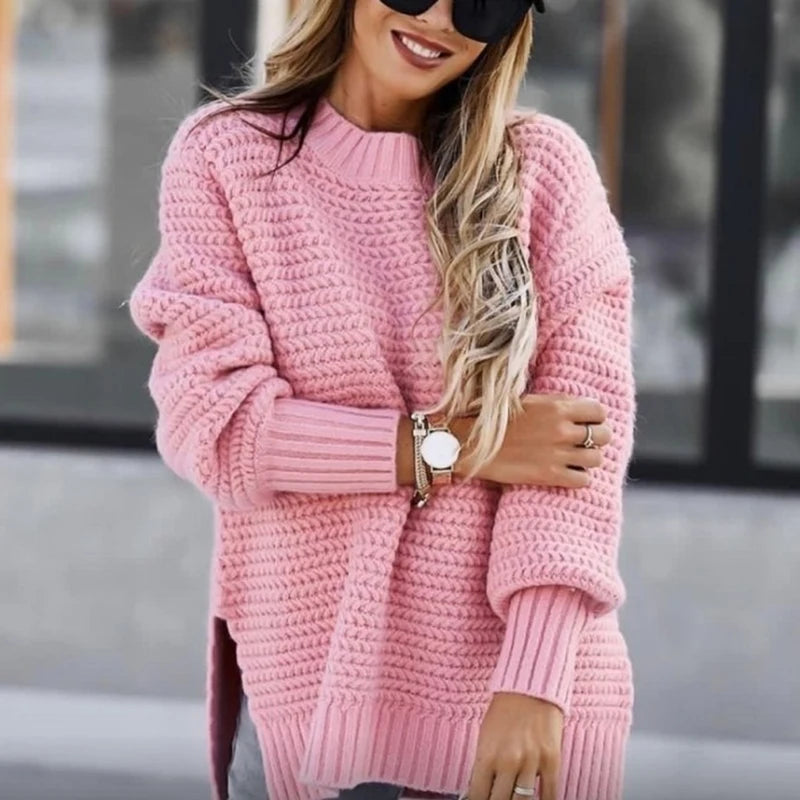 2024 New Loose Split Knitted Long Sleeve Thick Sweater Half High Neck Korean Fashion Pullover Autumn Winter Black Women Clothes