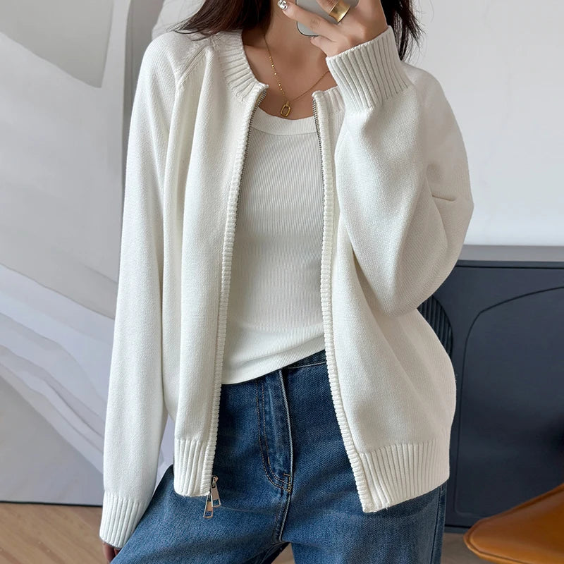 Autumn and Winter New 100 Pure Cotton Sweater Women's Casual O-Neck Cardigan Loose Knit Jacket Fashionable Solid Color Top