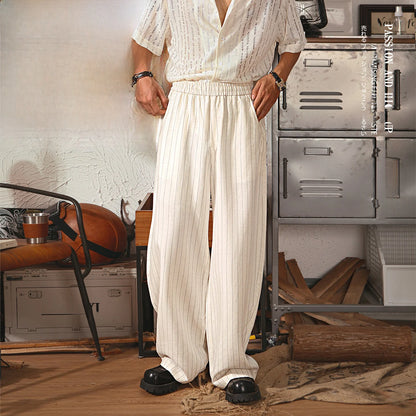 Retro Japanese Straight Leg Casual Pants Men Summer Thin Lenzing Drape Wide Leg Pants Old Money Stripe Long Pants