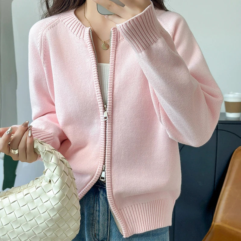 Autumn and Winter New 100 Pure Cotton Sweater Women's Casual O-Neck Cardigan Loose Knit Jacket Fashionable Solid Color Top