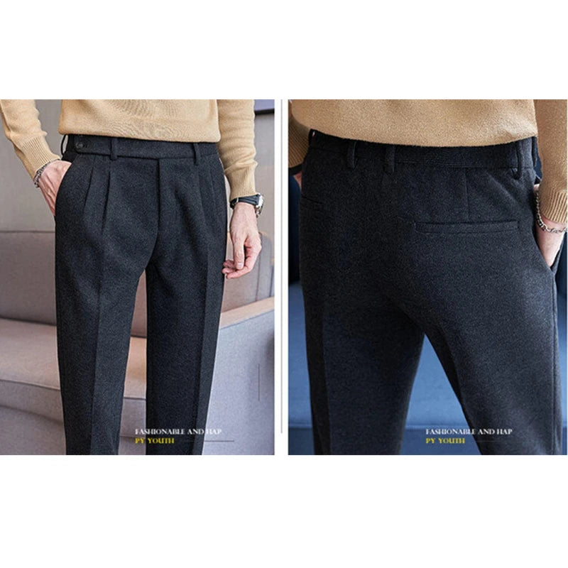 Men's Fall/Winter Wool Fabric Casual Suit Pants, Black, Coffee Available, Size 28-36