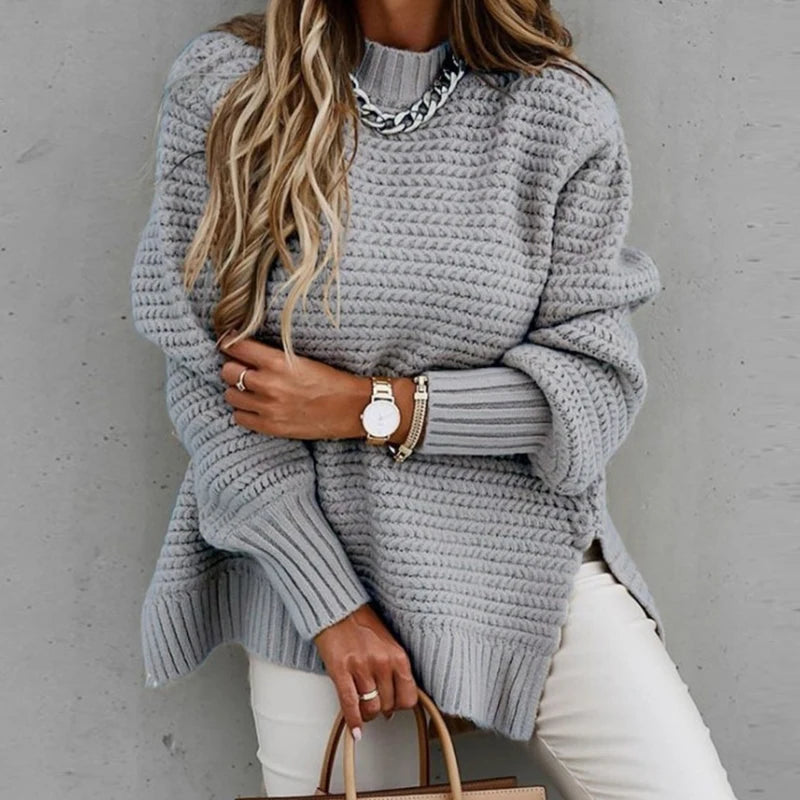2024 New Loose Split Knitted Long Sleeve Thick Sweater Half High Neck Korean Fashion Pullover Autumn Winter Black Women Clothes