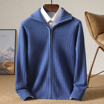 Men's Coat Winter Thickened New 100% Merino Wool Sweater Business Casual Zipper Lapel Cardigan Long Sleeved Warm Knit Jacket