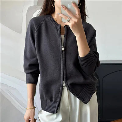 Autumn and Winter New 100 Pure Cotton Sweater Women's Casual O-Neck Cardigan Loose Knit Jacket Fashionable Solid Color Top