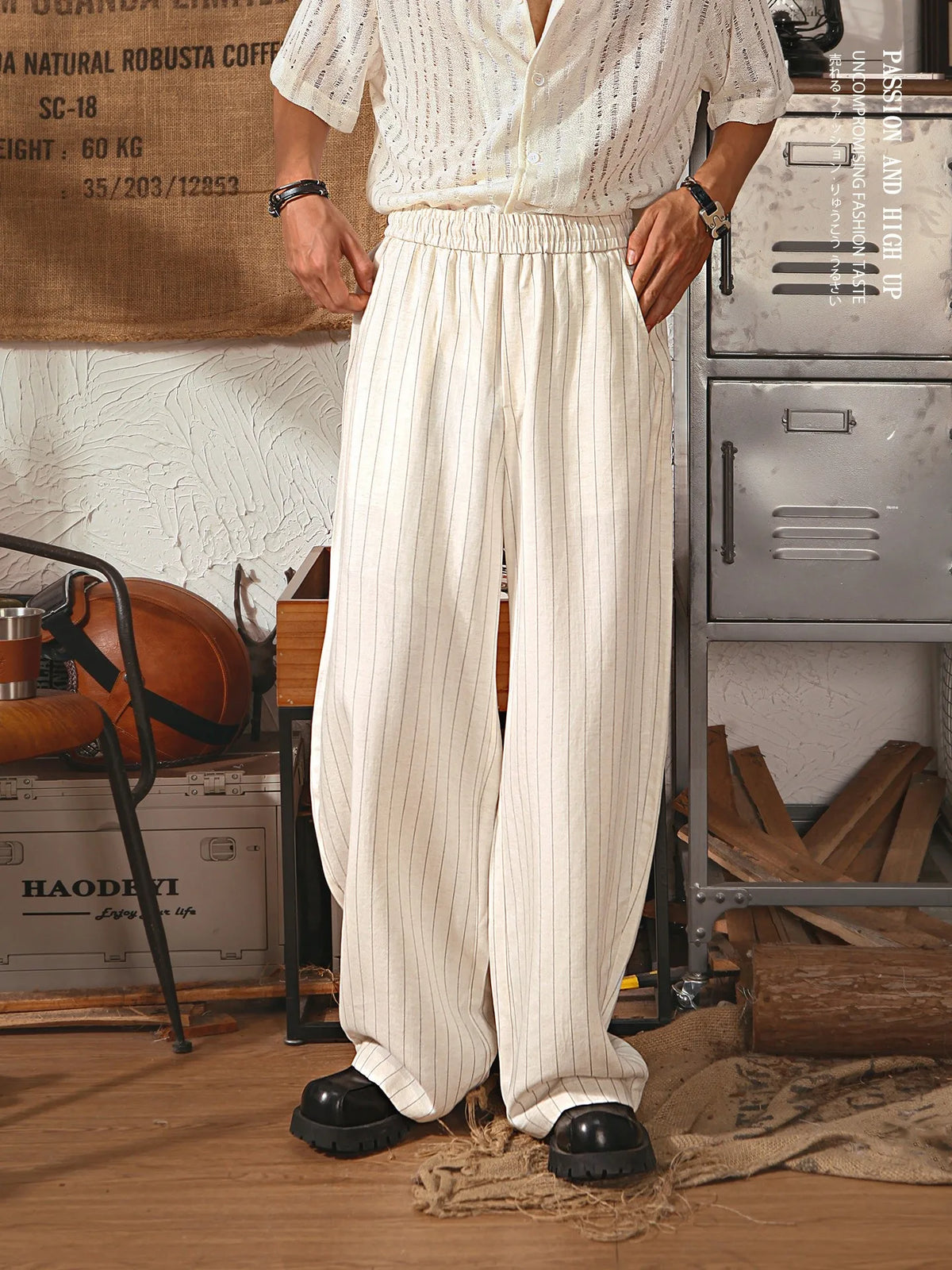 Retro Japanese Straight Leg Casual Pants Men Summer Thin Lenzing Drape Wide Leg Pants Old Money Stripe Long Pants