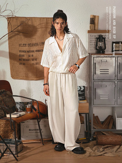 Retro Japanese Straight Leg Casual Pants Men Summer Thin Lenzing Drape Wide Leg Pants Old Money Stripe Long Pants