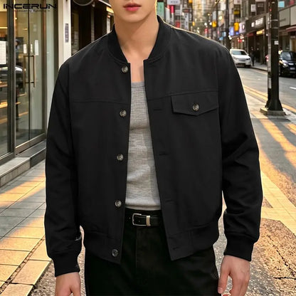 INCERUN Men's Jackets Solid Stand Collar Long Sleeve Casual Coats For Man Streetwear Korean Style Fashion Men Clothes Ourerwear