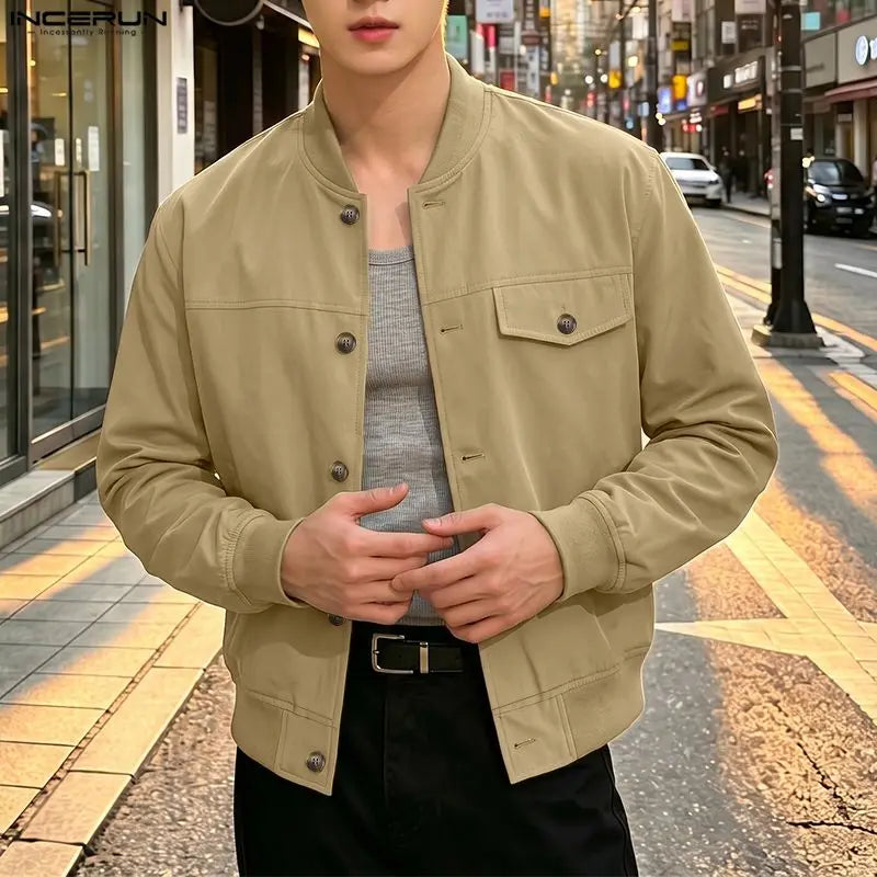 INCERUN Men's Jackets Solid Stand Collar Long Sleeve Casual Coats For Man Streetwear Korean Style Fashion Men Clothes Ourerwear