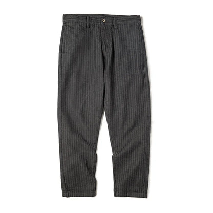 Maden Retro 12.8oz Grey Striped Jeans Straight Fit Zip Fly with Pockets Versatile Herringbone Trousers for Men's Spring and Fall