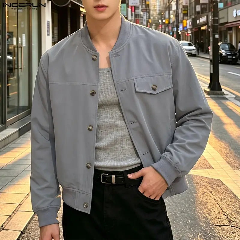 INCERUN Men's Jackets Solid Stand Collar Long Sleeve Casual Coats For Man Streetwear Korean Style Fashion Men Clothes Ourerwear