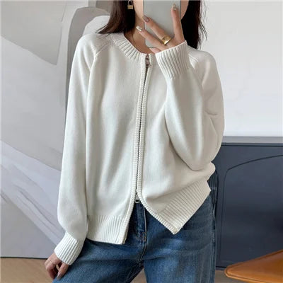 Autumn and Winter New 100 Pure Cotton Sweater Women's Casual O-Neck Cardigan Loose Knit Jacket Fashionable Solid Color Top