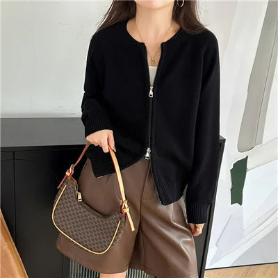 Autumn and Winter New 100 Pure Cotton Sweater Women's Casual O-Neck Cardigan Loose Knit Jacket Fashionable Solid Color Top