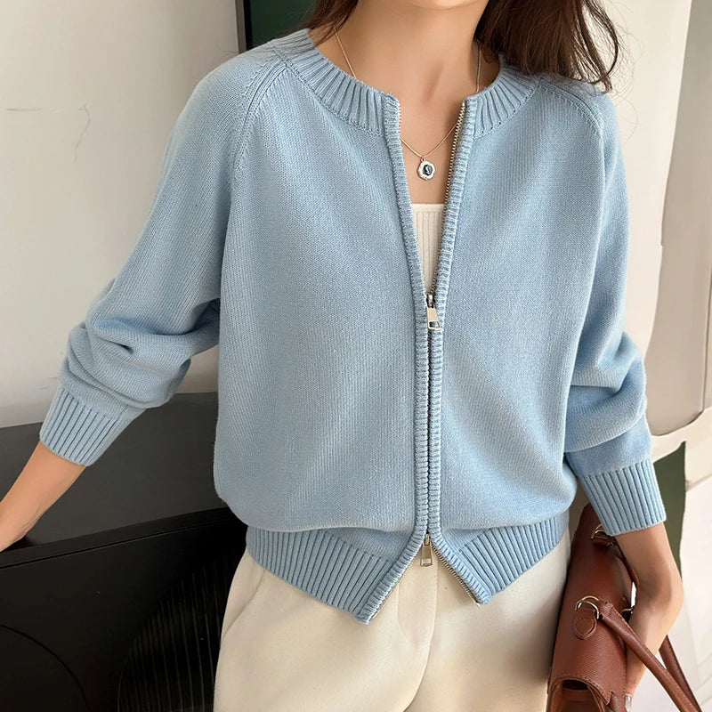 Autumn and Winter New 100 Pure Cotton Sweater Women's Casual O-Neck Cardigan Loose Knit Jacket Fashionable Solid Color Top