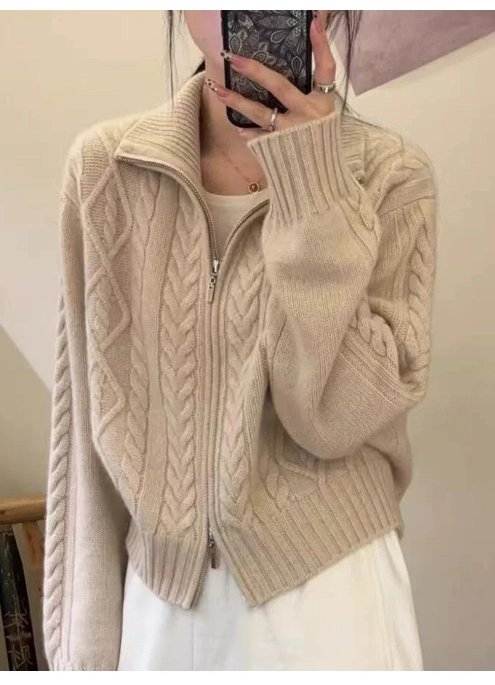 100%cashmere cardigan for women high neck loose and soft sweater for autumn and winter wool knitted sweater thickened coat