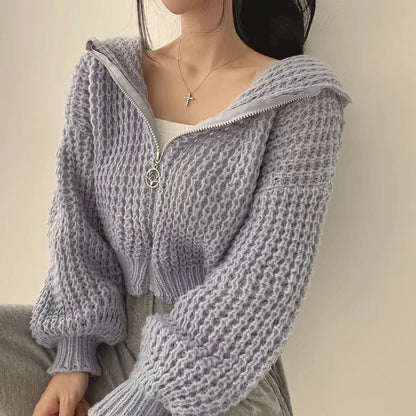 Hooded Cardigan Sweater for Women Long Sleeve Zip Up Knitted Crop Sweater Autumn Winter