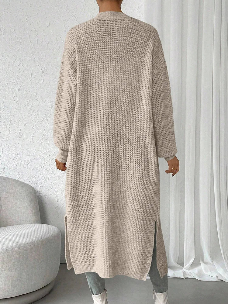 Fashionable and Elegant Solid Color Knitted Sweater V-Neck Mid Length Hollowed Out Cardigan Sweater Women's Top