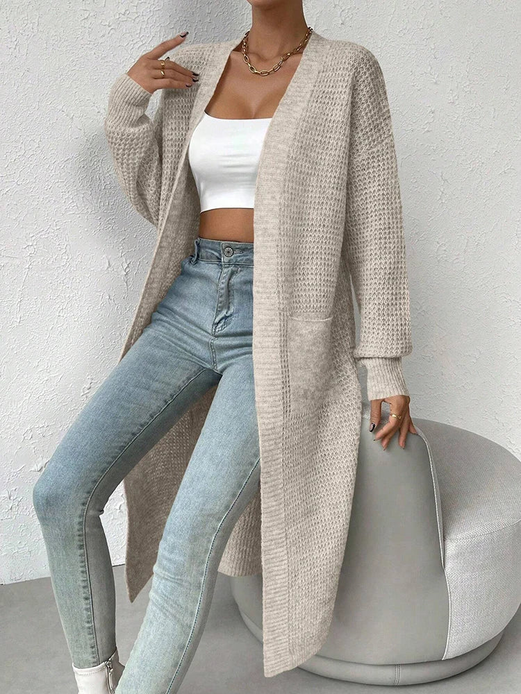 Fashionable and Elegant Solid Color Knitted Sweater V-Neck Mid Length Hollowed Out Cardigan Sweater Women's Top