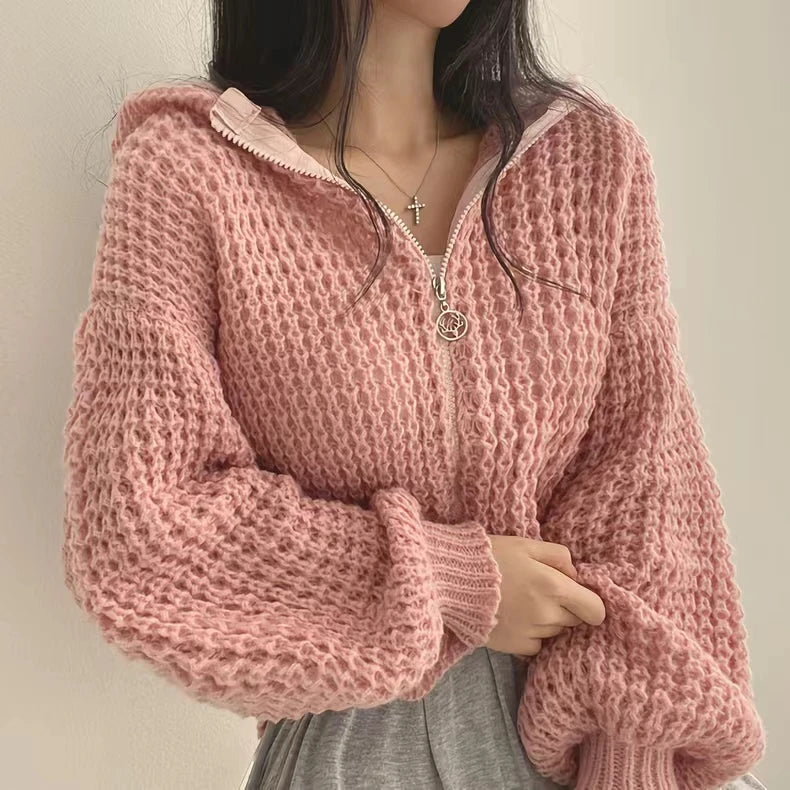 Hooded Cardigan Sweater for Women Long Sleeve Zip Up Knitted Crop Sweater Autumn Winter