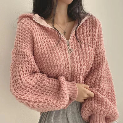 Hooded Cardigan Sweater for Women Long Sleeve Zip Up Knitted Crop Sweater Autumn Winter