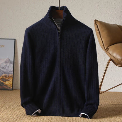 Men's Coat Winter Thickened New 100% Merino Wool Sweater Business Casual Zipper Lapel Cardigan Long Sleeved Warm Knit Jacket