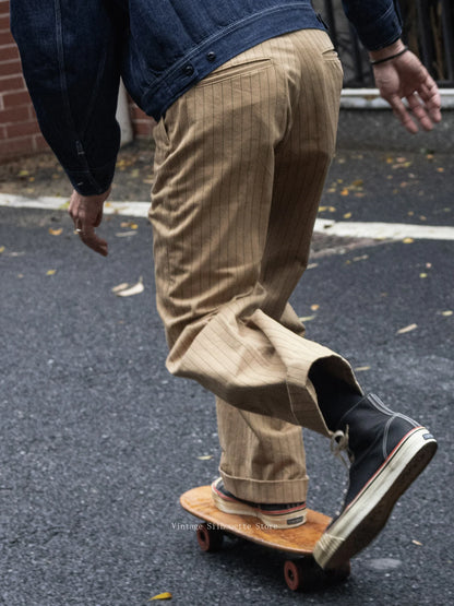 Rugged Bronson Vintage Coke Stripe Delivery Pants Men Herringbone Twill Loose Fit Workwear Trousers High Waist Straight Leg
