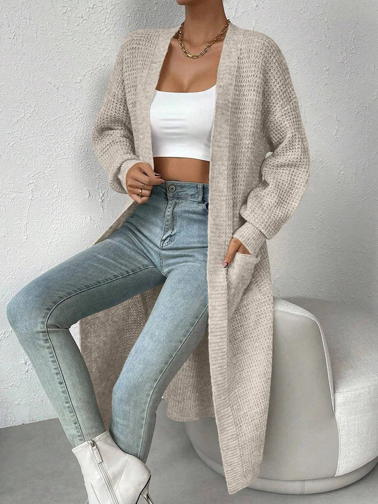 Fashionable and Elegant Solid Color Knitted Sweater V-Neck Mid Length Hollowed Out Cardigan Sweater Women's Top