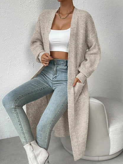 Fashionable and Elegant Solid Color Knitted Sweater V-Neck Mid Length Hollowed Out Cardigan Sweater Women's Top