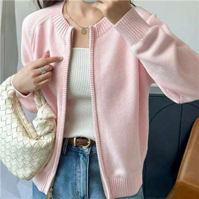 Autumn and Winter New 100 Pure Cotton Sweater Women's Casual O-Neck Cardigan Loose Knit Jacket Fashionable Solid Color Top
