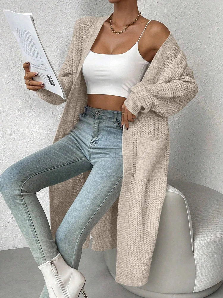 Fashionable and Elegant Solid Color Knitted Sweater V-Neck Mid Length Hollowed Out Cardigan Sweater Women's Top