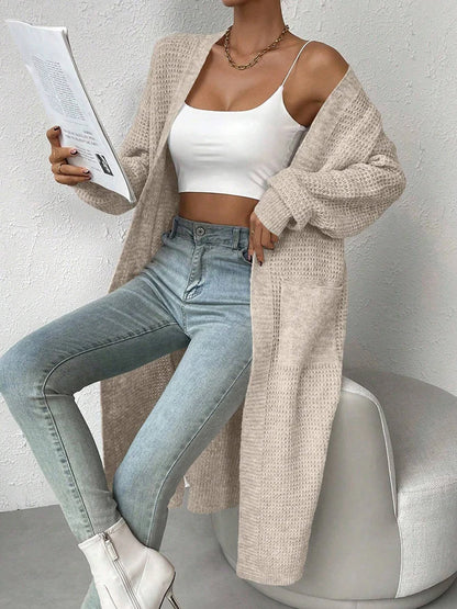 Fashionable and Elegant Solid Color Knitted Sweater V-Neck Mid Length Hollowed Out Cardigan Sweater Women's Top