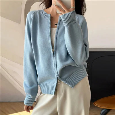Autumn and Winter New 100 Pure Cotton Sweater Women's Casual O-Neck Cardigan Loose Knit Jacket Fashionable Solid Color Top