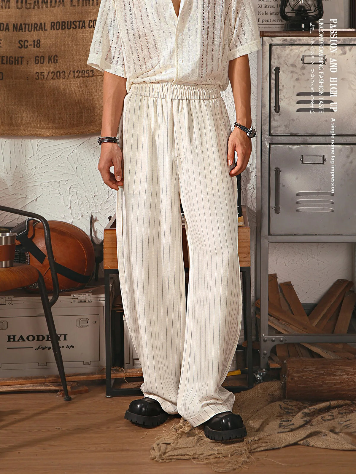 Retro Japanese Straight Leg Casual Pants Men Summer Thin Lenzing Drape Wide Leg Pants Old Money Stripe Long Pants