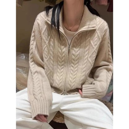 100%cashmere cardigan for women high neck loose and soft sweater for autumn and winter wool knitted sweater thickened coat